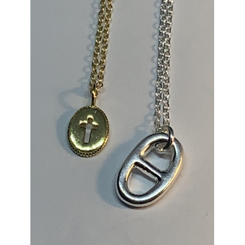 682 - FOUR MARKED SILVER NECKLACES WITH PENDANTS TO INCLUDE TWO GOLD PLATED