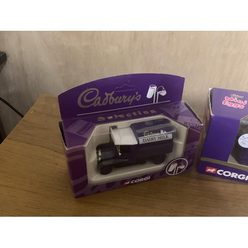 516 - FIVE CORGI 'CADBURY'S' VEHICLES TO INCLUDE A VOLVO TANKER PLUS FOUR VINTAGE STYLE VANS - ALL NEW IN ... 