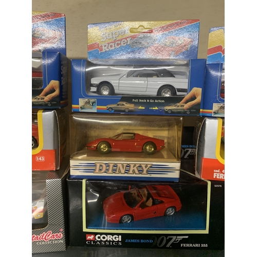 534 - TEN DIE-CAST CARS TO INCLUDE TWO BURAGO FERRARIS, A CORGI CLASSICS JAMES BOND FERRARI AND E TYPE JAG... 