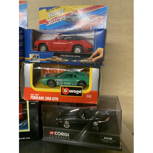 534 - TEN DIE-CAST CARS TO INCLUDE TWO BURAGO FERRARIS, A CORGI CLASSICS JAMES BOND FERRARI AND E TYPE JAG... 