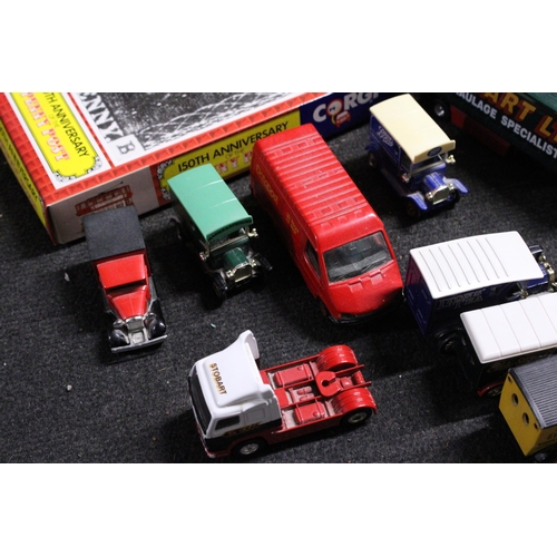 587 - A COLLECTION OF DIE-CAST VEHICLES TO INCLUDE A BOXED CORGI TRAM '150TH ANNIVERSARY OF THE PENNY POST... 