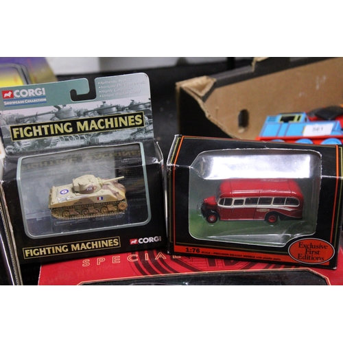 590 - A CORGI MGC GT 1969, CORGI FIGHTING MACHINES SHERMAN TANK, MMODEL OF A MINI, BRISOL OB BUS AND A SAM... 