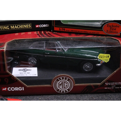 590 - A CORGI MGC GT 1969, CORGI FIGHTING MACHINES SHERMAN TANK, MMODEL OF A MINI, BRISOL OB BUS AND A SAM... 