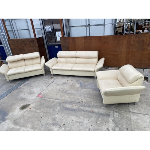 3054 - A CREAM LEATHER DROP-ARM THREE PIECE SUITE, COMPRISING EASY CHAIR, THREE SEATER SETTEE AND TWO SEATE... 