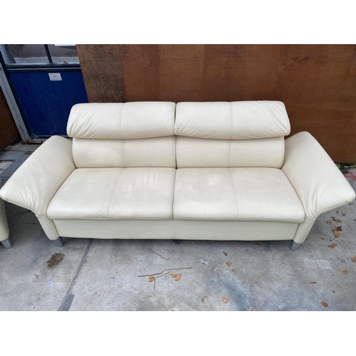 3054 - A CREAM LEATHER DROP-ARM THREE PIECE SUITE, COMPRISING EASY CHAIR, THREE SEATER SETTEE AND TWO SEATE... 