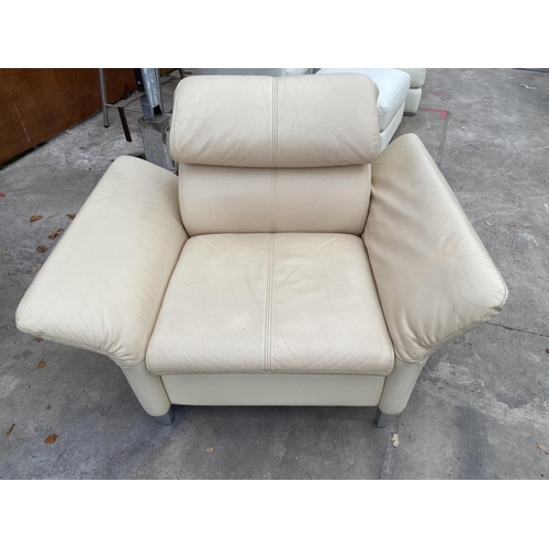 3054 - A CREAM LEATHER DROP-ARM THREE PIECE SUITE, COMPRISING EASY CHAIR, THREE SEATER SETTEE AND TWO SEATE... 