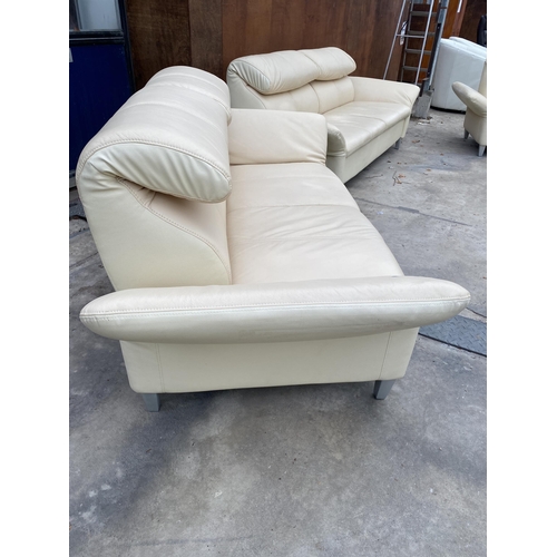 3054 - A CREAM LEATHER DROP-ARM THREE PIECE SUITE, COMPRISING EASY CHAIR, THREE SEATER SETTEE AND TWO SEATE... 