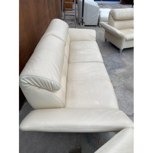 3054 - A CREAM LEATHER DROP-ARM THREE PIECE SUITE, COMPRISING EASY CHAIR, THREE SEATER SETTEE AND TWO SEATE... 