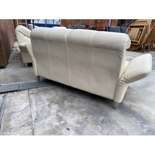 3054 - A CREAM LEATHER DROP-ARM THREE PIECE SUITE, COMPRISING EASY CHAIR, THREE SEATER SETTEE AND TWO SEATE... 