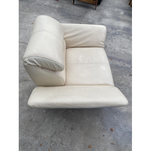 3054 - A CREAM LEATHER DROP-ARM THREE PIECE SUITE, COMPRISING EASY CHAIR, THREE SEATER SETTEE AND TWO SEATE... 