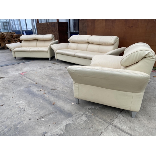 3054 - A CREAM LEATHER DROP-ARM THREE PIECE SUITE, COMPRISING EASY CHAIR, THREE SEATER SETTEE AND TWO SEATE... 