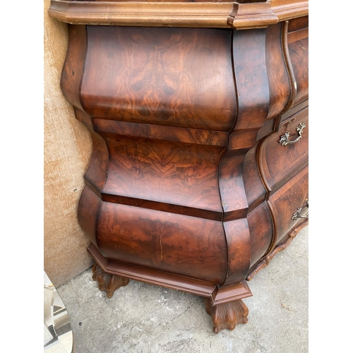 3074 - A CONTINENTAL WALNUT DISPLAY CABINET ON THREE DRAWER BOMBE BASE WITH CLAW FEET, 54