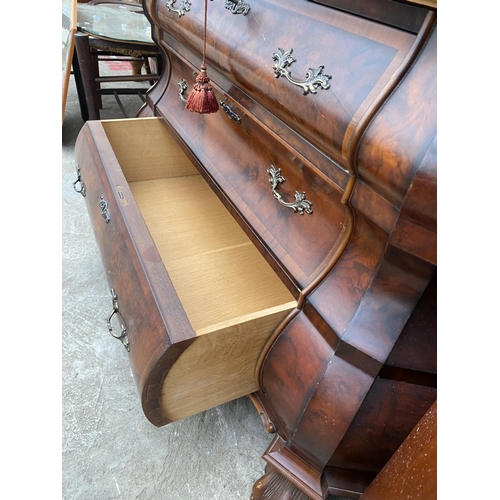 3074 - A CONTINENTAL WALNUT DISPLAY CABINET ON THREE DRAWER BOMBE BASE WITH CLAW FEET, 54