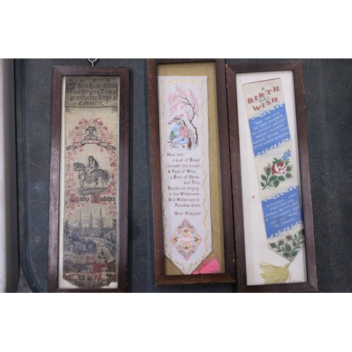 226 - SIX VINTAGE EMBROIDERED BOOK MARKS - INDIVIDUALLY FRAMED