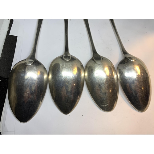 1 - FOUR HALLMARKED LONDON GEORGIAN SILVER SERVING SPOONS VARIOUS MAKERS AND DATES GROSS WEIGHT 237.2 GR... 