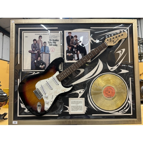 69 - A FRAMED BEATLES MONTAGE WHICH INCLUDES A 'LEGENDS' SIGNED GUITAR, GOLD DISC, PHOTOGRAPH, ALBUM COVE... 