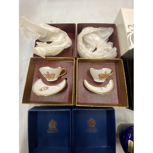 131 - TWO MINIATURE LIMOGES EWERS TOGETHER WITH TWO MINIATURE CAVERSWALL CUPS AND SAUCERS (BOXED), ROYAL D... 