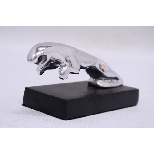 250 - A CHROME JAGUAR CAR MASCOT ON A BASE, HEIGHT 7CM, LENGTH 14CM