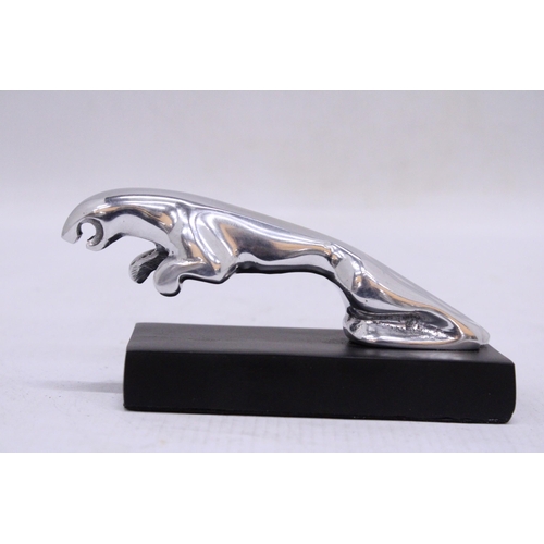 250 - A CHROME JAGUAR CAR MASCOT ON A BASE, HEIGHT 7CM, LENGTH 14CM