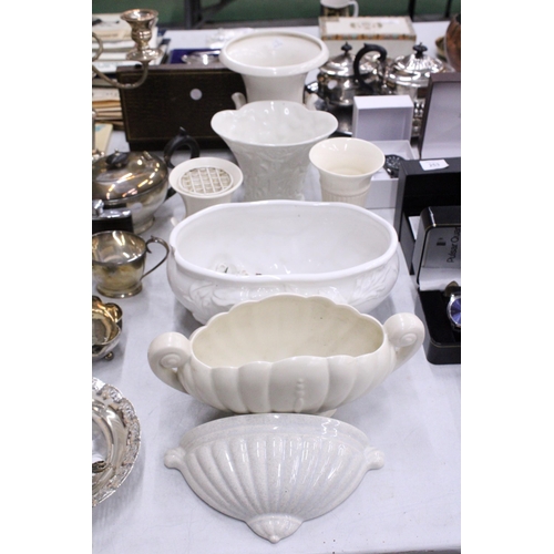 254 - A COLLECTION OF CLASSICAL STYLE WHITE AND CREAM VASES, PLANTERS AND A WALL POCKET TO INCLUDE WEDGWOO... 