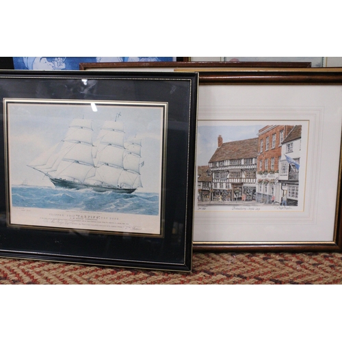 265 - SIX PRINTS AND A WATERCOLOUR TO INCLUDE A WATERCOLOUR OF A HARBOUR SCENE SIGNED N COATHUP, A SIGNED ... 