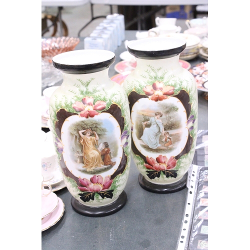 276 - A PAIR OF FRENCH STYLE OPALINE HAND PAINTED VASES WITH TRANSFERS OF MAIDENS, HEIGHT 32CM