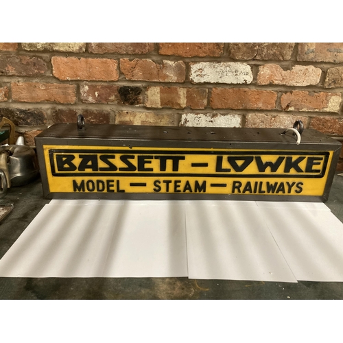 391 - A BASSETT-LOWKE MODEL-STEAM-RAILWAYS DOUBLE SIDED ILLUMINATED SIGN COMPLETE WITH HANGING BRACKET, HE... 