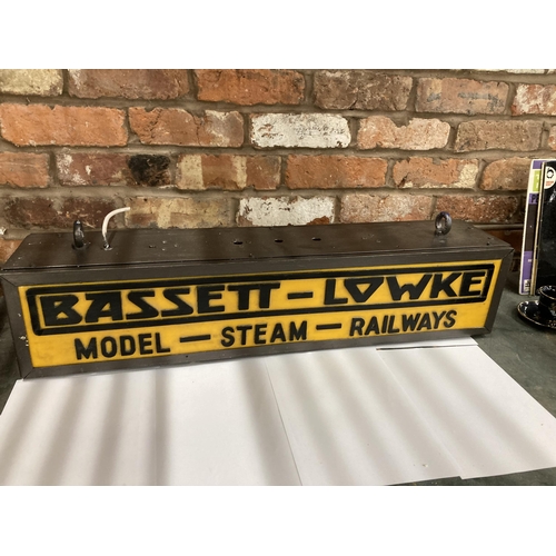 391 - A BASSETT-LOWKE MODEL-STEAM-RAILWAYS DOUBLE SIDED ILLUMINATED SIGN COMPLETE WITH HANGING BRACKET, HE... 