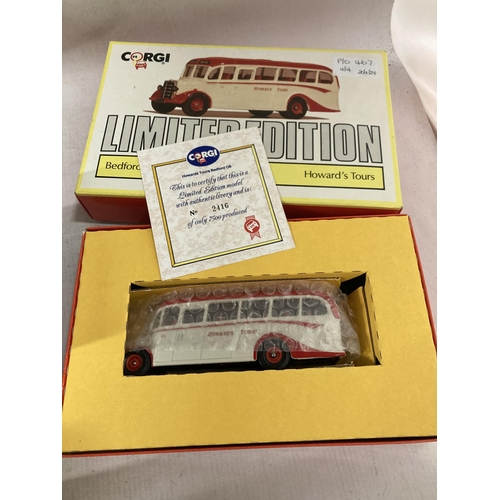 467 - FOUR CORGI MODELS OF VINTAGE COACHES TO INCLUDE A LIMITED EDITION BEDFORD OB COACH, HOWARD'S TOURS, ... 