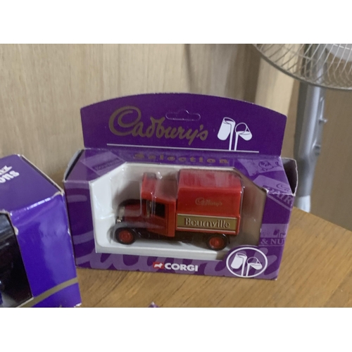 516 - FIVE CORGI 'CADBURY'S' VEHICLES TO INCLUDE A VOLVO TANKER PLUS FOUR VINTAGE STYLE VANS - ALL NEW IN ... 