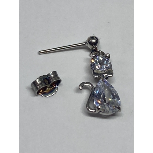 633 - A PAIR OF MARKED SILVER AND CLEAR STONE CAT EARRINGS IN A PRESENTATION BOX