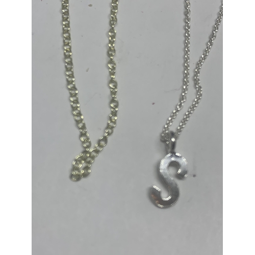 732 - THREE MARKED SILVER BRACELETS WITH S AND J INITIALS AND A SILVER NECKLACE WITH HEART PENDANT (AF)