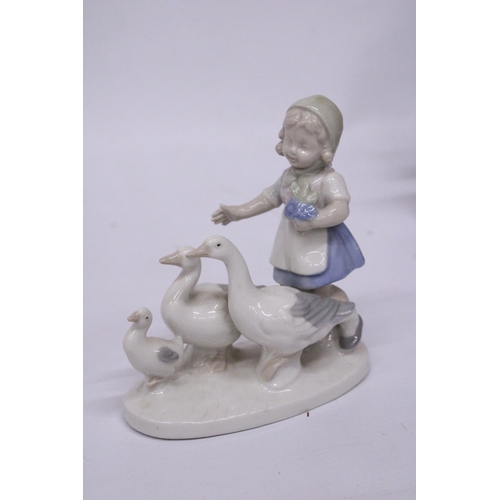 833 - TWO LLADRO STYLE PORCELAIN FIGURES OF GIRLS WITH DUCKS AND CHICKENS