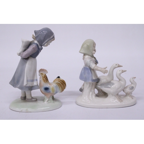 833 - TWO LLADRO STYLE PORCELAIN FIGURES OF GIRLS WITH DUCKS AND CHICKENS