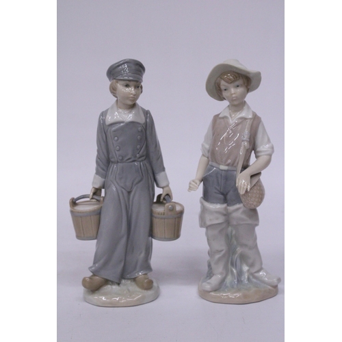 837 - TWO LLADRO FIGURES - BOY GOING FISHING (MISSING ROD) AND A BOY WITH PAILS