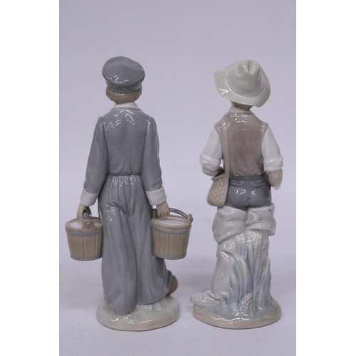 837 - TWO LLADRO FIGURES - BOY GOING FISHING (MISSING ROD) AND A BOY WITH PAILS