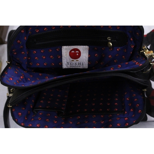 908 - A GENUINE YOSHI HANDBAG IN BLACK LEATHER WITH DETACHABLE SHOULDER STRAP AND DUST BAG - AS NEW