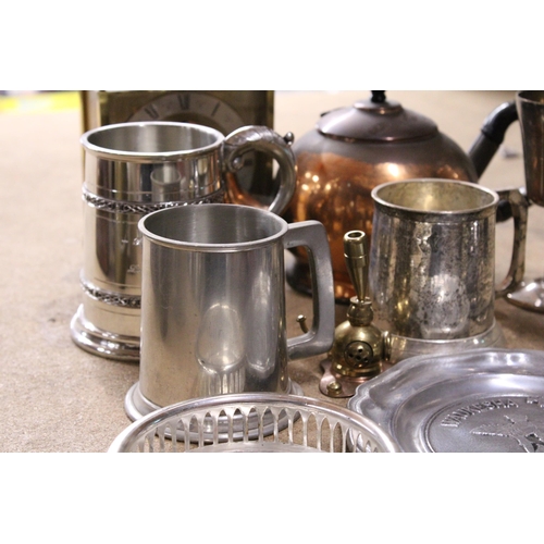 1019 - A QUANTITY OF SILVER PLATED ITEMS TO INCLUDE GOBLETS, TANKARDS, ETC PLUS A COPPER KETTLE AND A BRASS... 