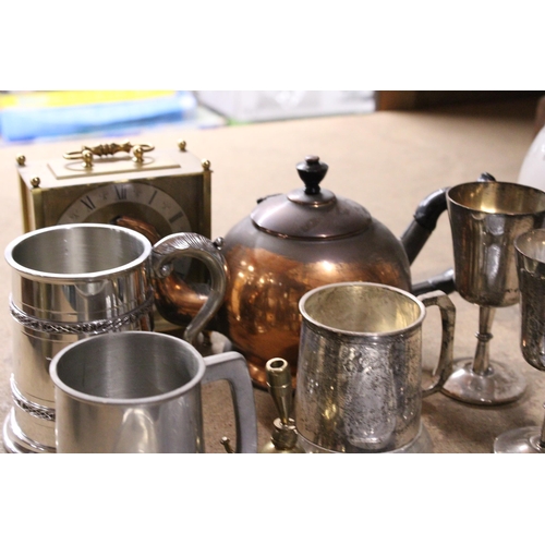 1019 - A QUANTITY OF SILVER PLATED ITEMS TO INCLUDE GOBLETS, TANKARDS, ETC PLUS A COPPER KETTLE AND A BRASS... 