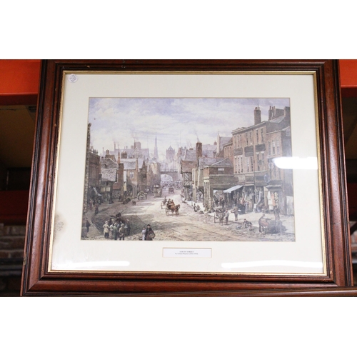 1045 - THREE FRAMED PRINTS TO INCLUDE A VINTAGE BOATING SCENE, A VICTORIAN STREET SCENE, ETC