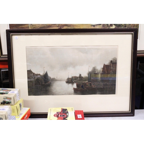 1045 - THREE FRAMED PRINTS TO INCLUDE A VINTAGE BOATING SCENE, A VICTORIAN STREET SCENE, ETC