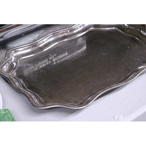 1065 - TWO SILVER PLATED TRAYS PLUS TWO BOXED FISH SHAPED SERVING PLATTERS