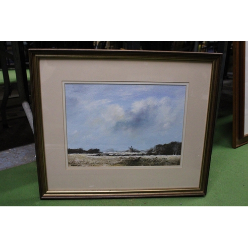 1071 - AN ACRYLIC PAINTING 'LANDSCAPE WITH WINDMILL' BY GORDON DALE, PLUS TWO UNFRAMED PRINTS