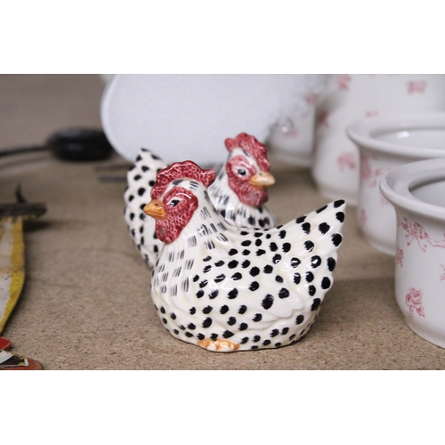 1113 - A CHICKEN CRUET SET PLUS TWO CHICKEN ORNAMENTS AND A QUANTITY OF LAURA ASHLEY 'RIBBONS' LIDDED POTS ... 