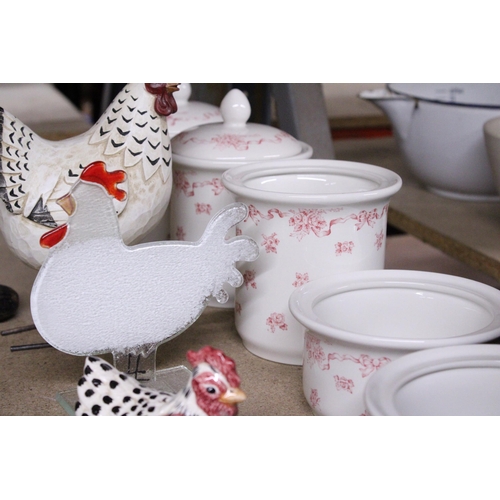 1113 - A CHICKEN CRUET SET PLUS TWO CHICKEN ORNAMENTS AND A QUANTITY OF LAURA ASHLEY 'RIBBONS' LIDDED POTS ... 