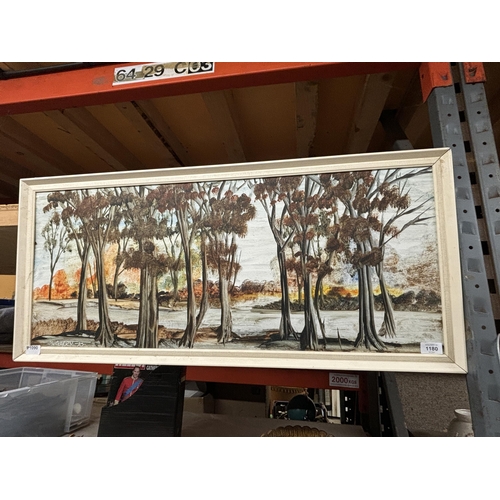 1180 - A LARGE PAINTING OF A WOODLAND SCENE, 97CM X 43CM