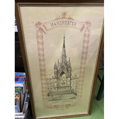 1183 - TWO FRAMED PRINTS TO INCLUDE 'MANCHESTER ALBERT MEMORIAL' AND 'WORTHINGTON CHAMBERS. ALBERT SQUARE, ... 