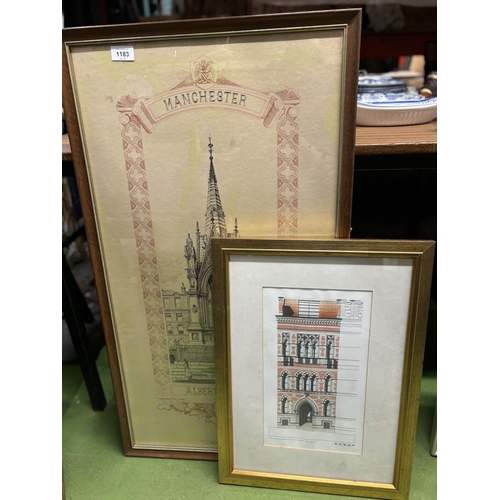 1183 - TWO FRAMED PRINTS TO INCLUDE 'MANCHESTER ALBERT MEMORIAL' AND 'WORTHINGTON CHAMBERS. ALBERT SQUARE, ... 