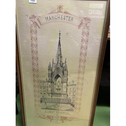 1183 - TWO FRAMED PRINTS TO INCLUDE 'MANCHESTER ALBERT MEMORIAL' AND 'WORTHINGTON CHAMBERS. ALBERT SQUARE, ... 