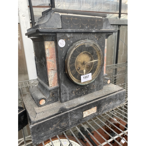 1557 - TWO DECORATIVE VINTAGE SLATE MANTLE CLOCKS